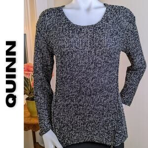 Quinn Sweater Small Black White Heather Zipper Accents High Low Scoop Neck